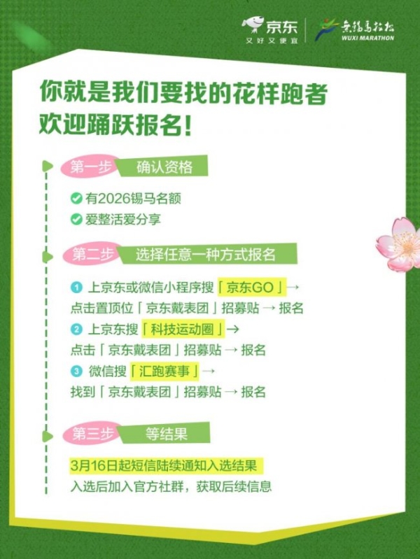 2026无锡马拉松倒计时 京东戴表团招募百名“花样跑者” 免费领礼包 