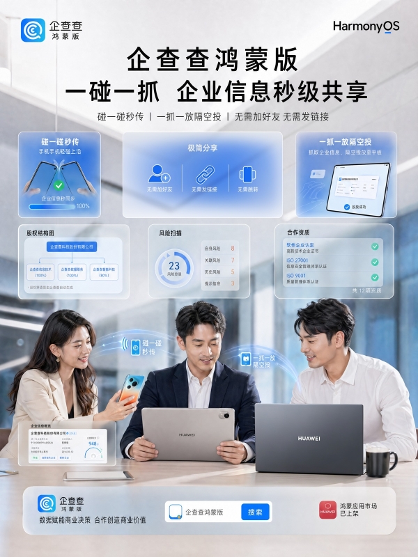 “指尖魔法”真实上演，鸿蒙版企查查App一抓一放隔空分享太香了！ 