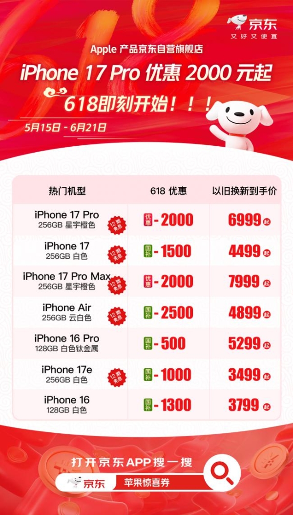 来京东心动购物季购iPhone17系列 享多重优惠2000元 抽1亿京豆大奖 