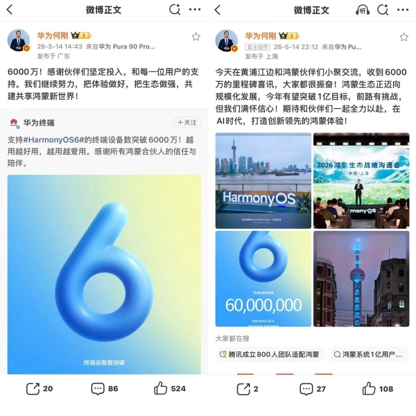 鸿蒙6终端设备数突破6000万！华为何刚：今年有望突破1亿目标 