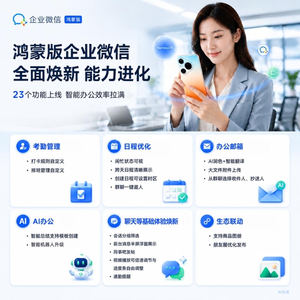 鸿蒙版企业微信重磅上线23个功能：智能办公、考勤、日程、邮件都有新惊喜 