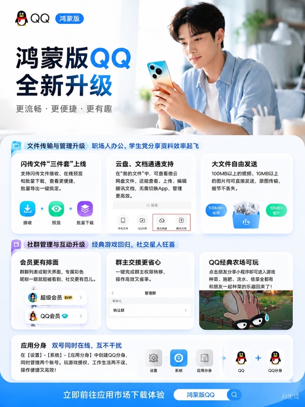 华为Pura新机体验加码！鸿蒙版QQ新增闪传文件接收、预览、批量下载 