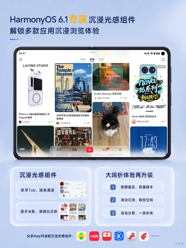 HarmonyOS 6.1专属沉浸光感组件，解锁QQ音乐、小红书、蜻蜓FM等浏览新体验 