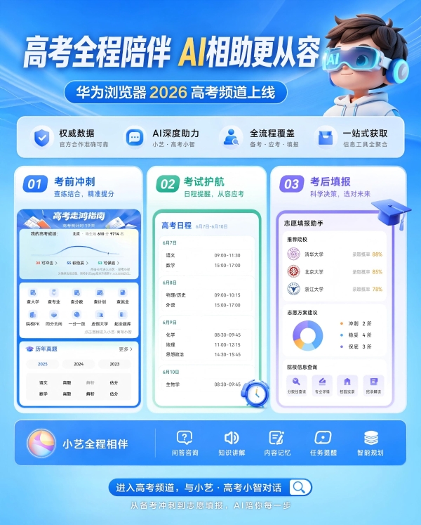 华为浏览器2026高考频道上线，小艺AI深度赋能，科学伴考全周期 