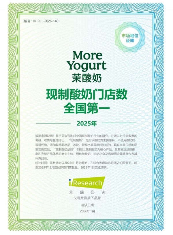 茉酸奶获权威机构认证，现制酸奶门店数居全国第一