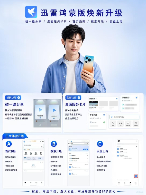 华为新机必备！迅雷鸿蒙版首页、搜索、云盘全焕新，文件一碰即传 