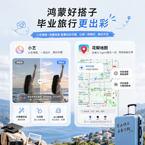 毕业旅行花瓣地图AI定制路线，小艺修图一句话出片 