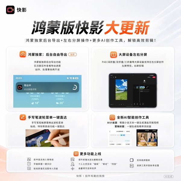 鸿蒙版快影大更新！大屏设备分屏操作+AI小说漫 释放创作效率！ 