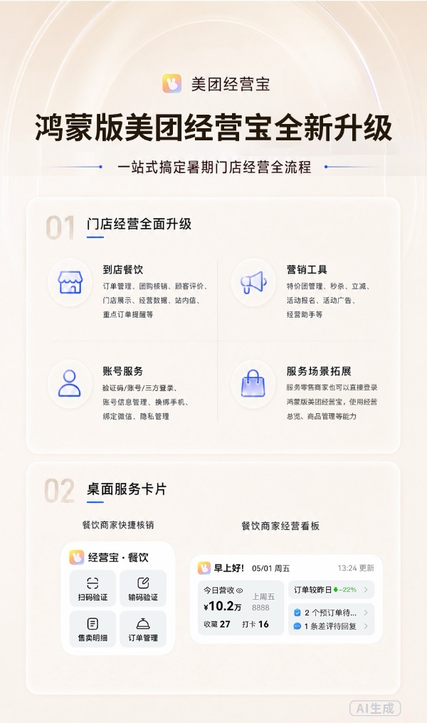 暑期经营不用慌！鸿蒙版美团经营宝全新升级，从订单管理到门店营销一步到位 