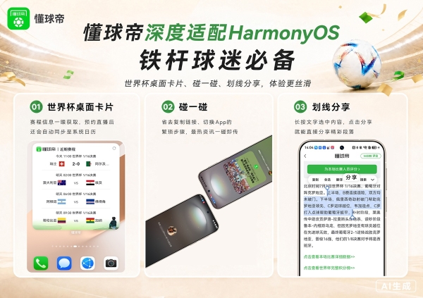 碰一碰、划线分享、世界杯桌面卡片，铁杆球迷必备鸿蒙版懂球帝！ 