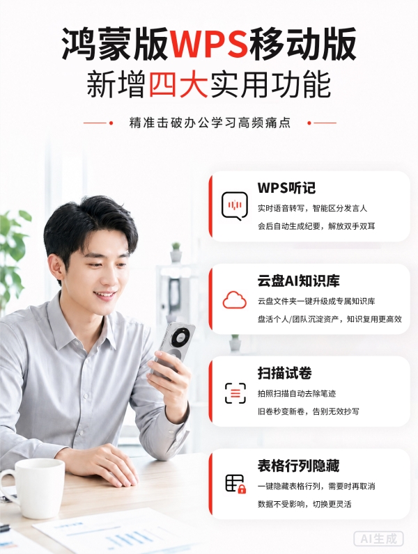 鸿蒙版WPS移动版新增AI听记、个人知识库、智能识卷，工作学习效率再升级 