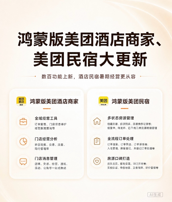 鸿蒙版美团酒店商家、美团民宿全新升级！酒店民宿经营更省心，从容应对暑期 