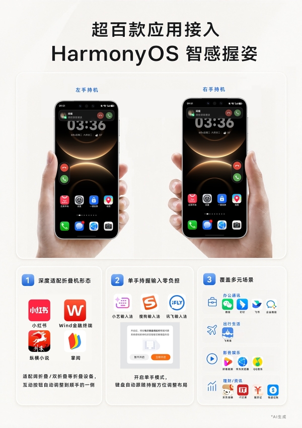 超百款应用接入HarmonyOS智感握姿！折叠机展开体验更进一步，单手输入文字更便捷 