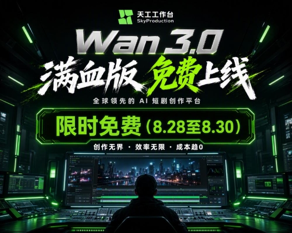 Wan 3.0连续3天限时免费！SkyProduction天工工作台再掀价格战 