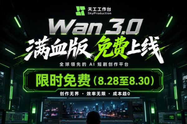 Wan 3.0连续3天限时免费！SkyProduction天工工作台再掀价格战 