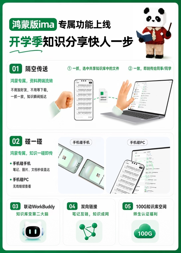 独有隔空传送、碰一碰，鸿蒙版ima新版上线，开学季让知识活起来！ 