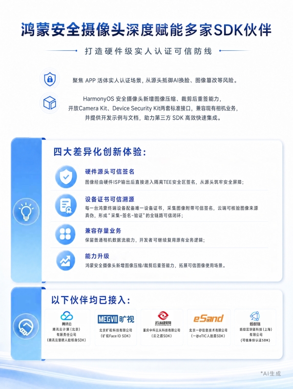 硬件级可信，源头抗伪造，鸿蒙安全摄像头深度赋能多家SDK伙伴 