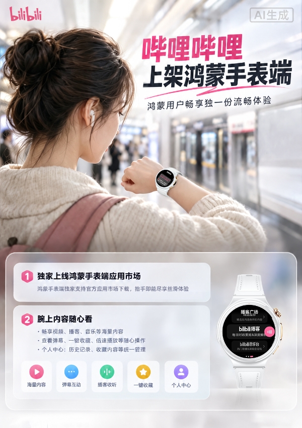 抬手就能看视频、听播客！哔哩哔哩上架鸿蒙手表，畅享海量内容！