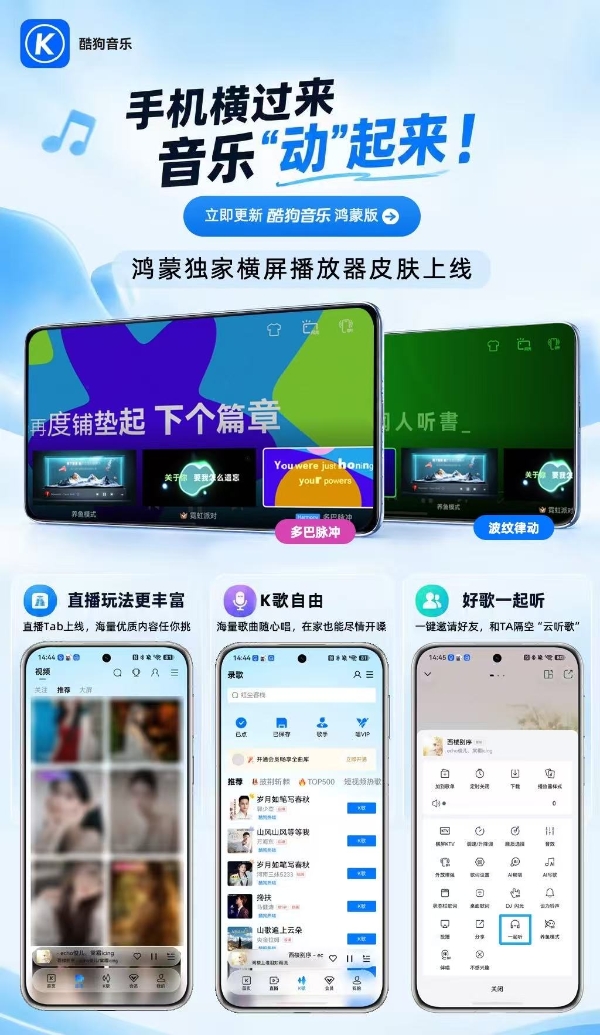 鸿蒙版酷狗音乐新版来袭！横屏播放器独家皮肤上线，听歌超有氛围感 