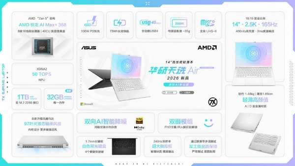 进阶AI新玩家 华硕天选Air 2026 锐龙AI Max版新配置首发到手价11999元