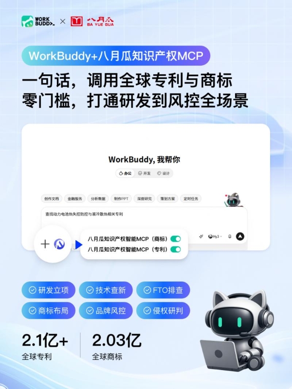八月瓜知识产权MCP入驻WorkBuddy生态：全球专利/商标智能调用 