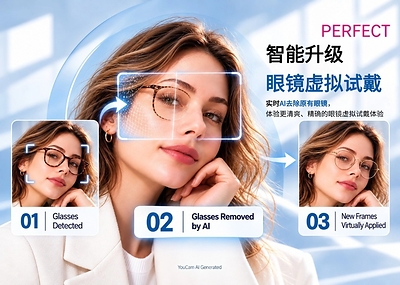 玩美移动推出AI眼镜去除，免摘镜虚拟试戴镜框