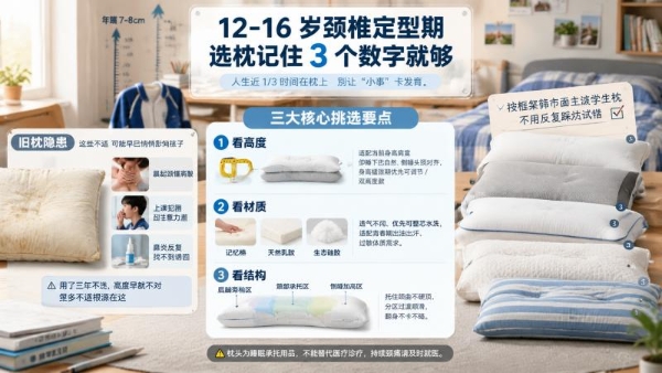 初中生枕头挑不对，越睡越遭罪？记住「1 2 3」，12-16岁枕头选购指南标准