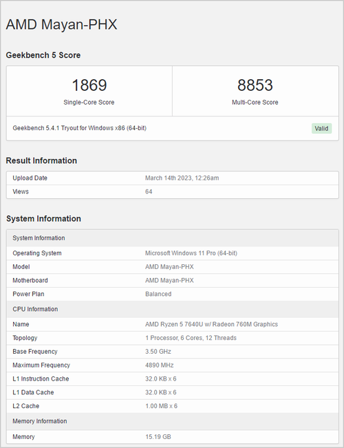 6核12线程，AMD锐龙5 7640U处理器Geekbench跑分揭晓