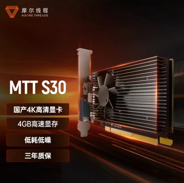 国产4G显存4K低功耗显卡上架京东！摩尔线程MTT S30开启预售
