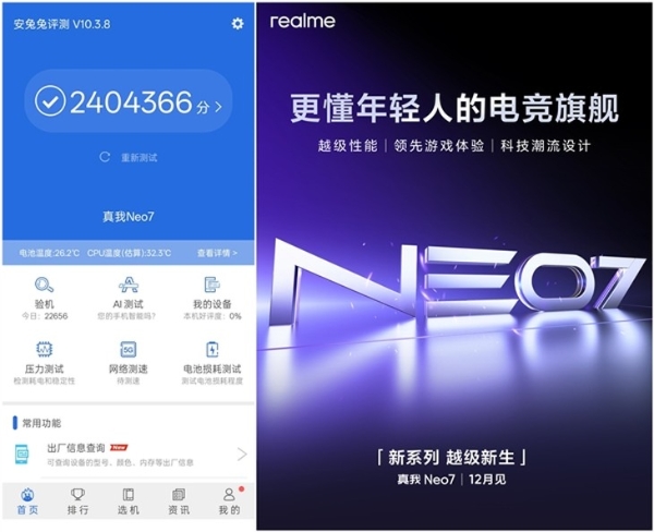 真我Neo7跑分突破240万，刷新中端机性能纪录