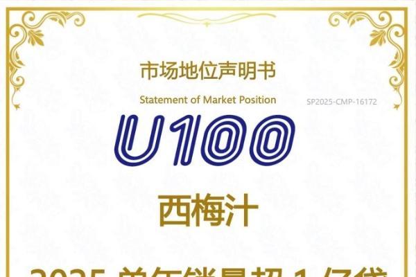 U100西梅汁年销超1亿袋，获“全国销量第一”市场地位认证